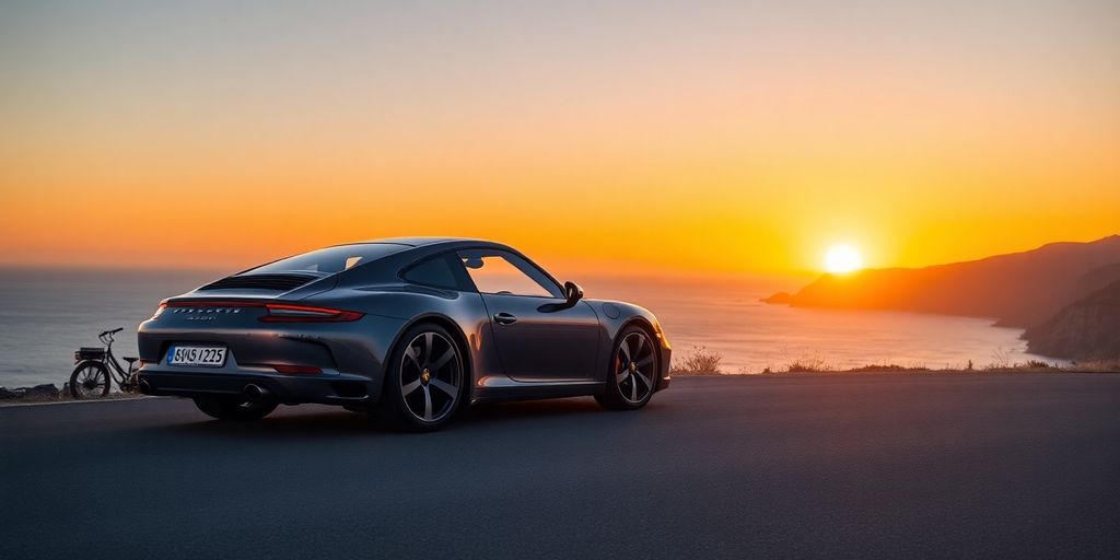 A Porsche 911 parked by a sunset coastal road.